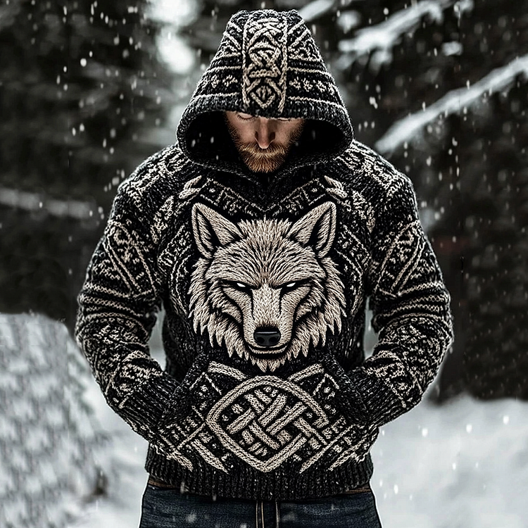Men's Viking Wolf Art Knit Pocket Hooded Sweater