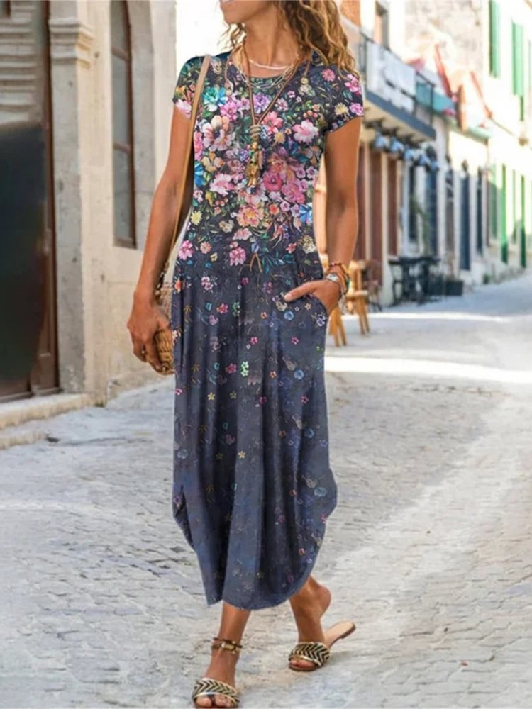Round Neck Short Sleeve Trendy Printed Dress With Pockets P181001044