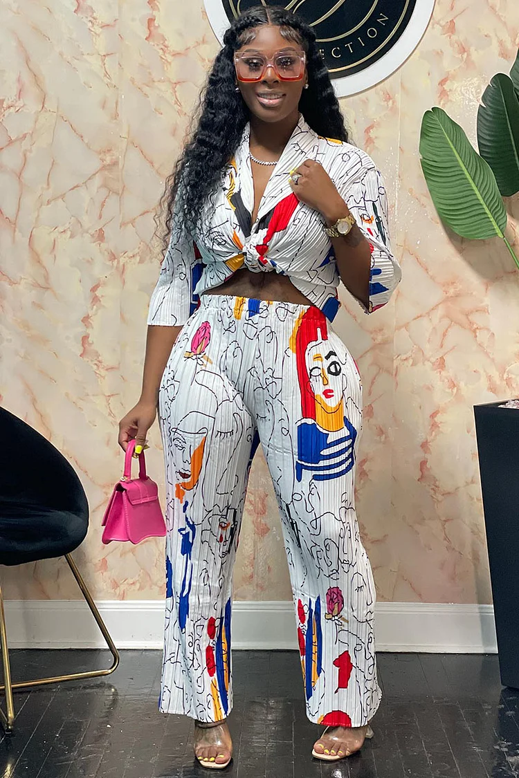 Line Art Print V Neck Shirt Pleated Wide Leg Matching Set