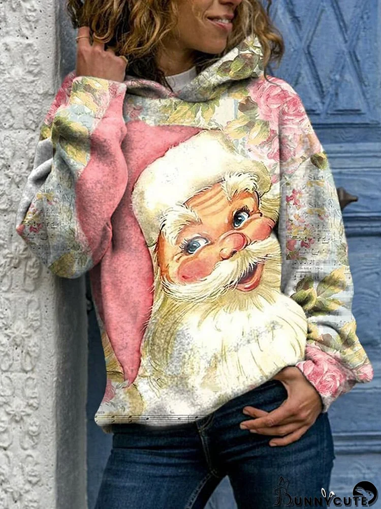 Women's Casual Santa Claus Print Hoodie Long Sleeve Sweatshirt