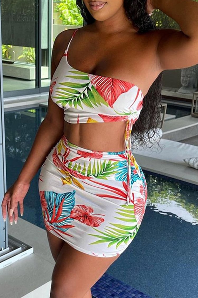 Fashion Sexy Print Backless One Shoulder Sleeveless Two Pieces - BlackFridayBuys