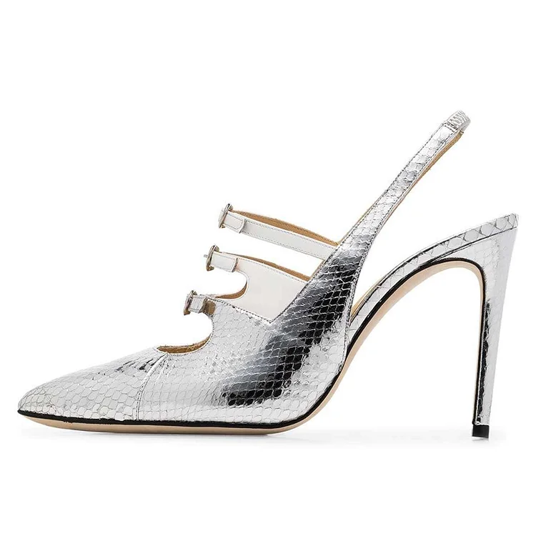 Silver Python Slingback Triple Buckle Stiletto Heel Pumps Vdcoo