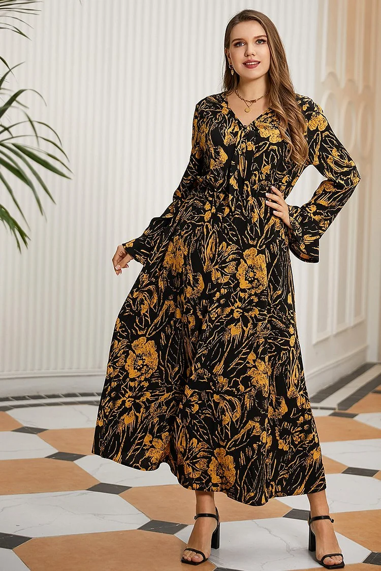 Black and Yellow Floral Print Maxi Dress P10224