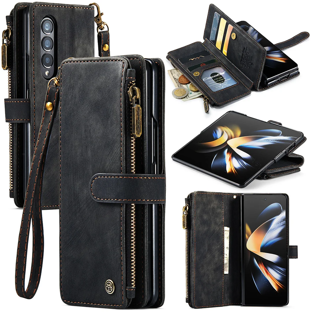 Luxury Retro Wallet Phone Case With 5 Cards Slot,Phone Stand And Zipper Slot For Galaxy Z Fold3/Fold4/Fold5