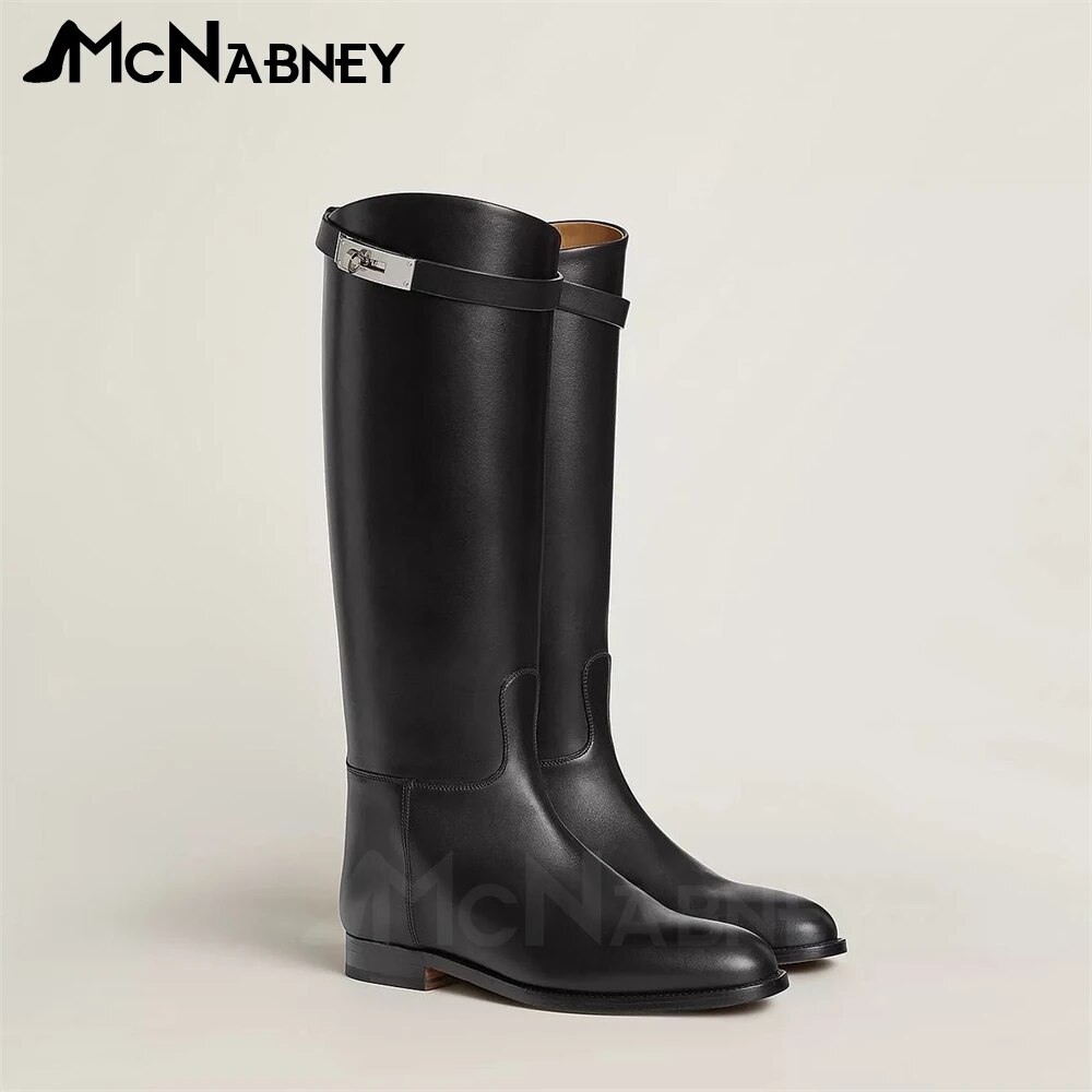 VCshoes Boots Metallic Lock Buckle Knee Boots Black Leather Round Toe Flat Boots Women's Boots Sale