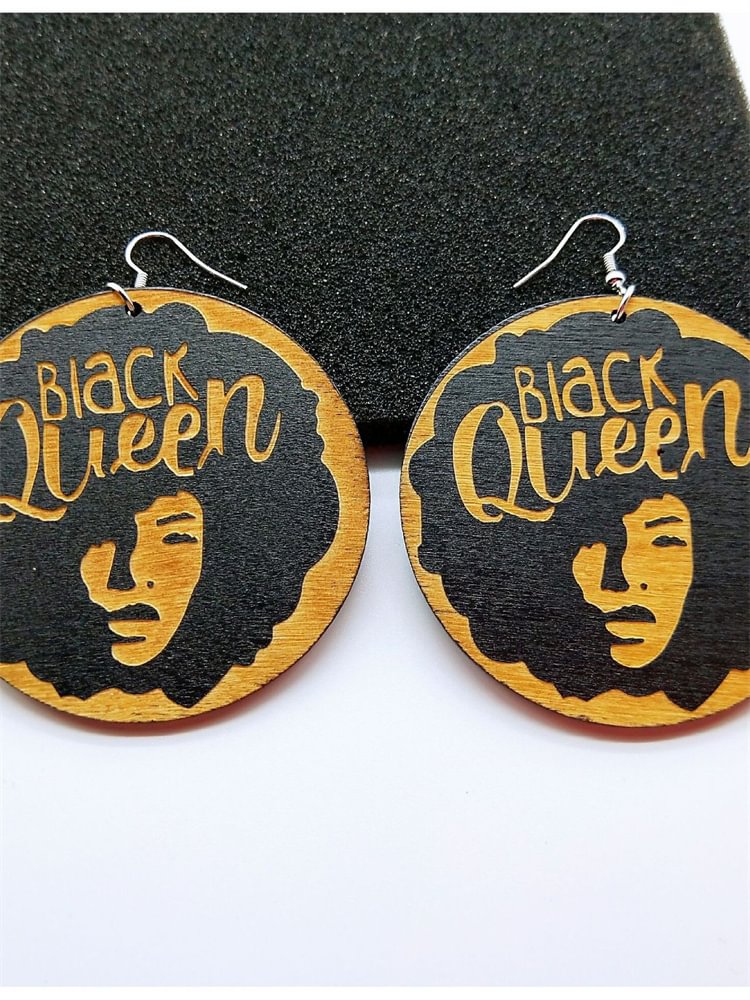 Black Queen Wooden Round Earrings