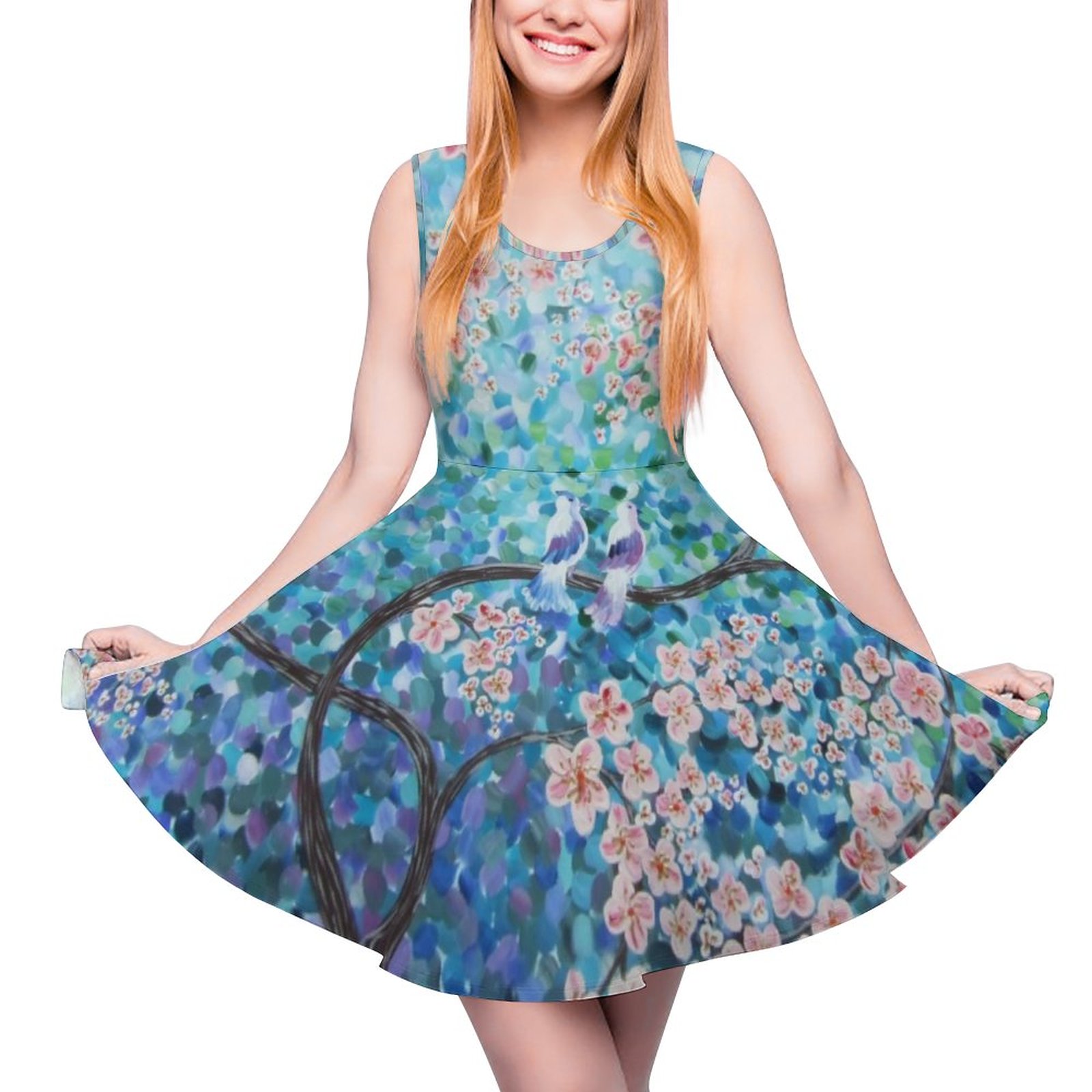 Blue Sakura Cherry Blossom Floral Painting Crewneck A-line Skater Dress, Sustainable Sundress, Hot Pink Sleeveless Square Neck Bodycon Dress. Blue &