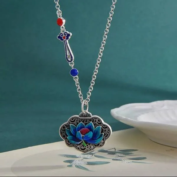 Sterling Silver Openwork Enameled Lotus Flower Pendant Necklace
