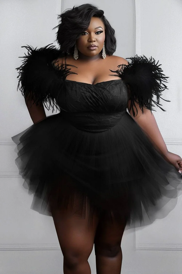Xpluswear Design Plus Size Party Mini Dresses Black Spring Summer Off The Shoulder Feather Tiered Tulle Mini Dresses 