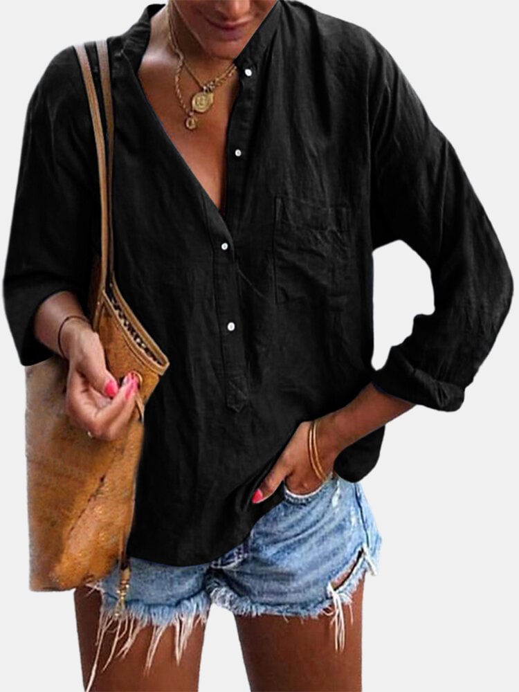 Women Solid Color Button Pocket Long Sleeve Casual Blouse P1782447