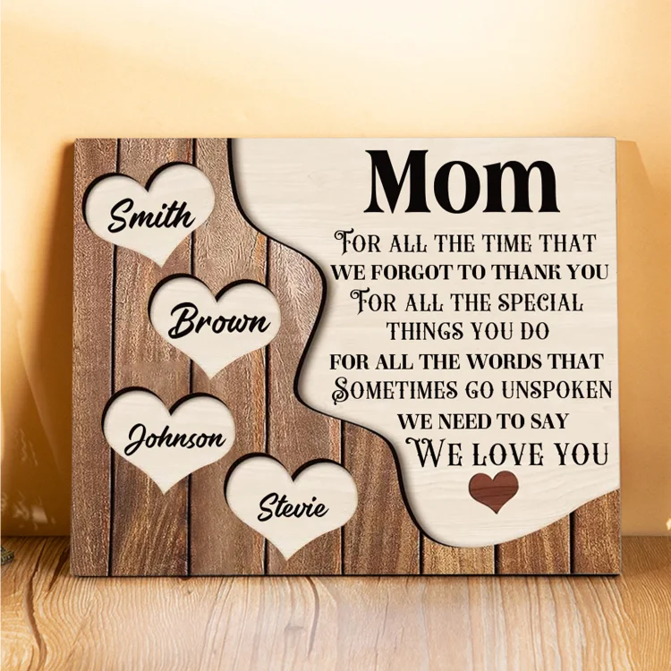 4 Names - Personalized Mom Wooden Plaque Custom Names Home Decoration Hearts Gift for Mother