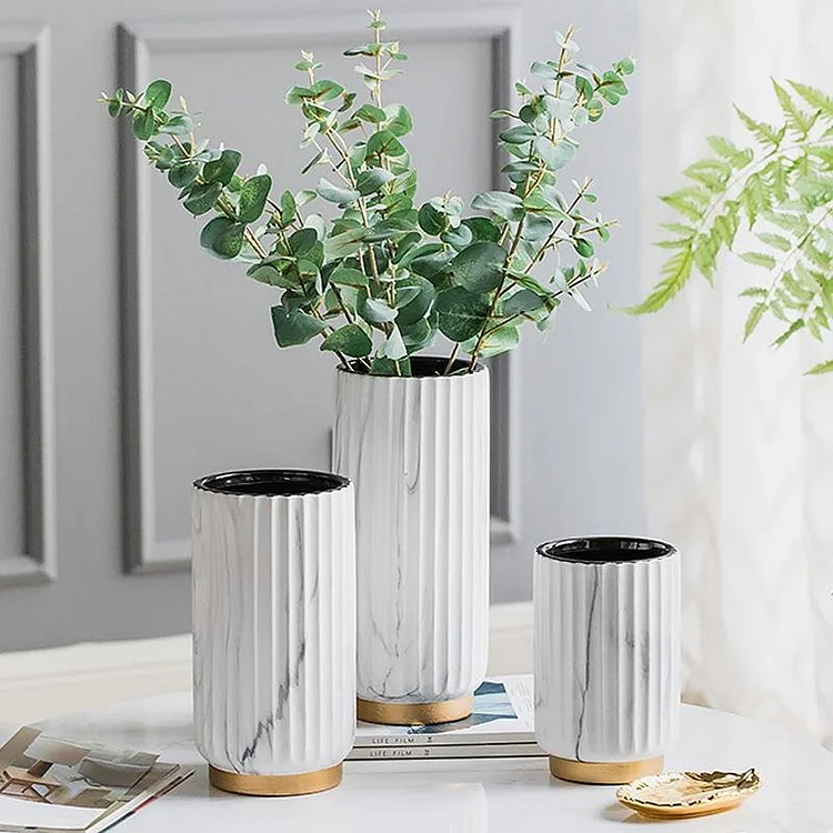 Ceramic Cylinder White  Flower Vases with Marbled Vertical Edge Pattern - Appledas