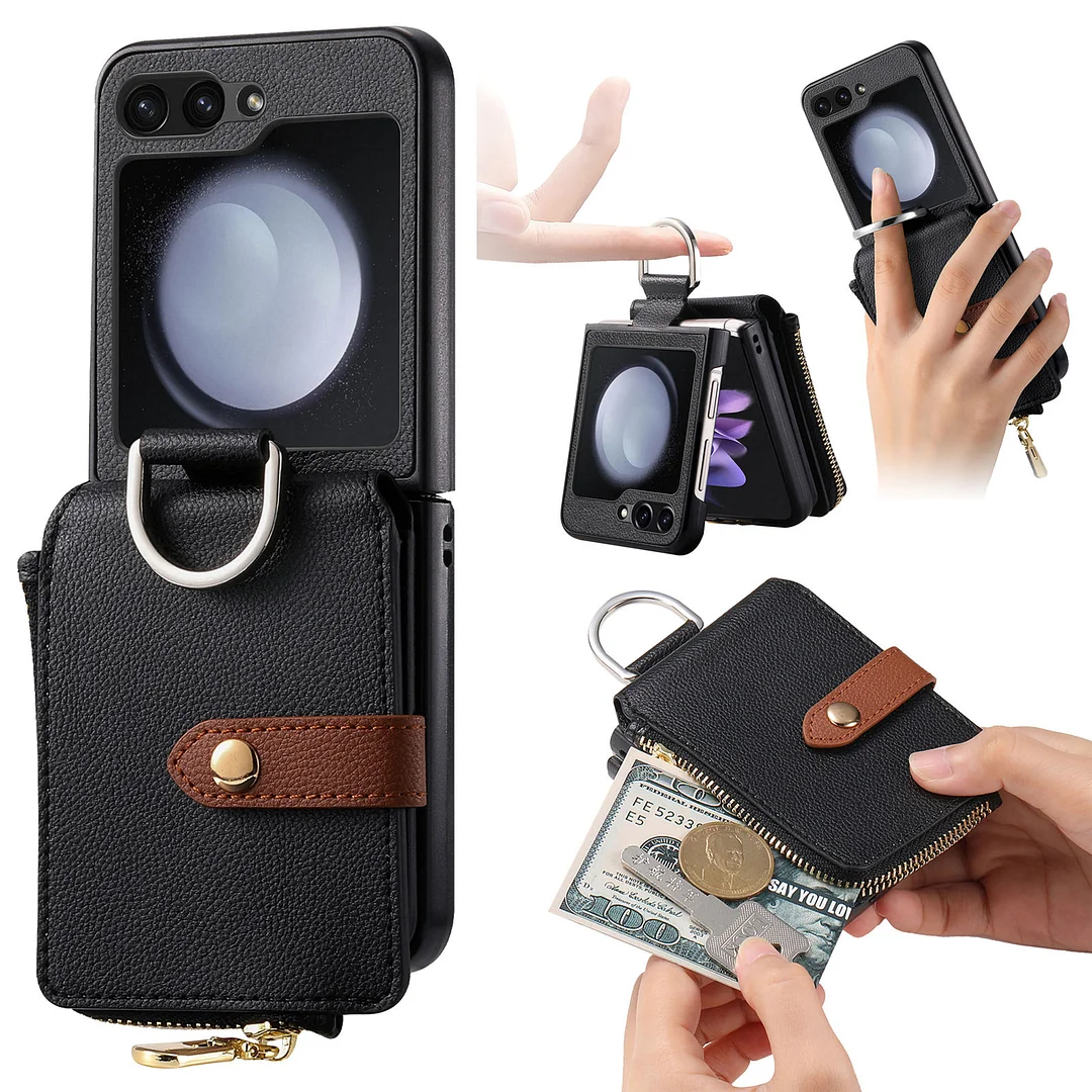 Leather Wallet Phone Case With 2 Cards Slot,Zipper Slot,Finger Ring For Galaxy Z Flip3/Z Flip4/Z Flip5