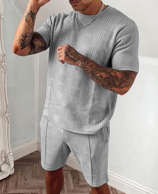 Casual Plain Plaid Print Round Neck Short Sleeve T-Shirt & Shorts 2Pcs Set