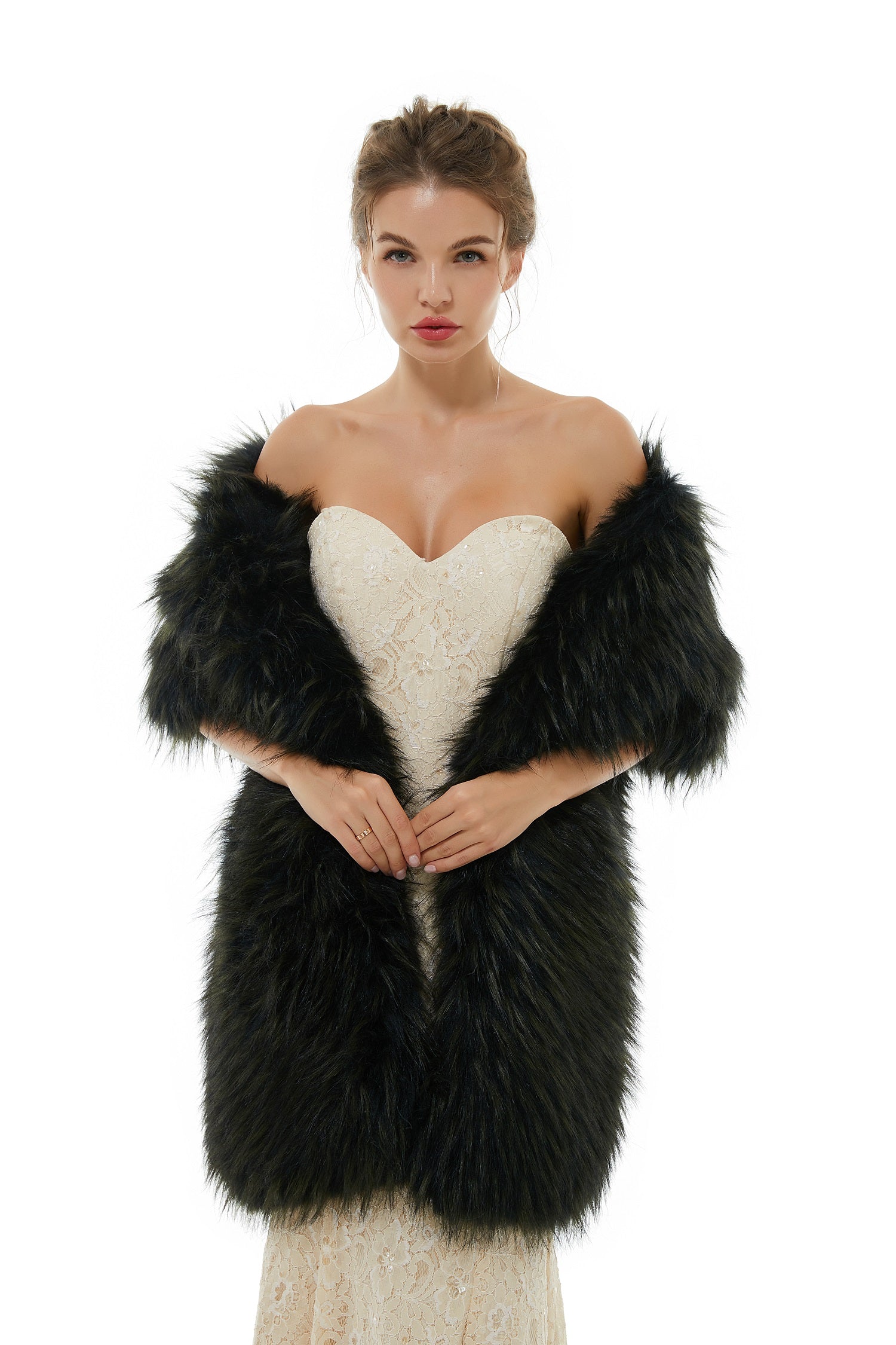 Dresseswow Black Long Winter Faux Fur Wedding Wrap