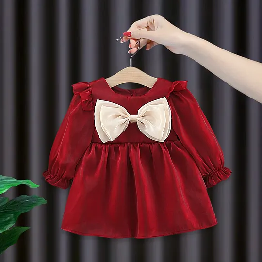 【12M-3Y】Girls Christmas Bow Long Sleeve Cute Dress