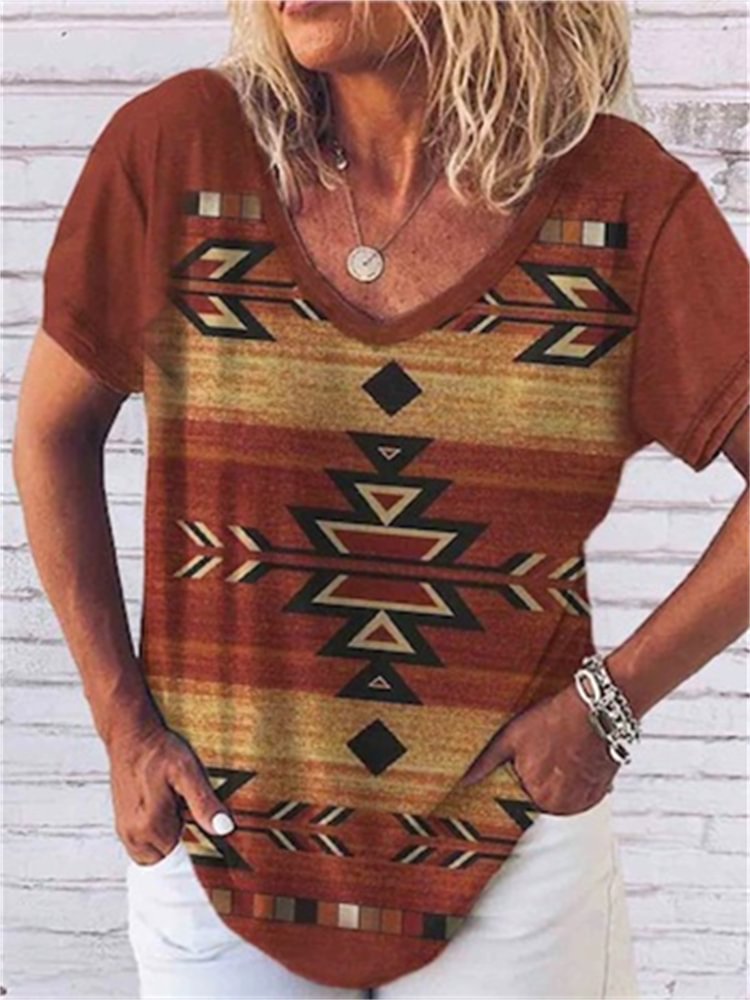 Western Aztec Graphic V Neck T Shirt