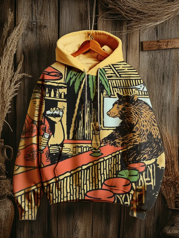 Men's Retro Bar Bear Comic Illustration Print Casual Hoodie