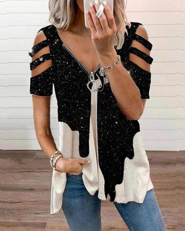 Casual Black Zipper Graphic T-shirt - Chicaggo