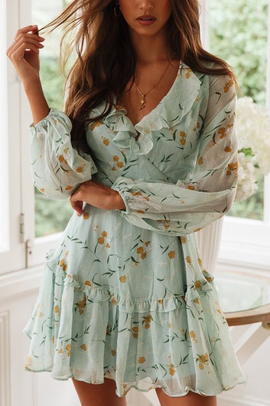 Floral Ruffles Crisscross Lace-up Chiffon Dress - BlackFridayBuys
