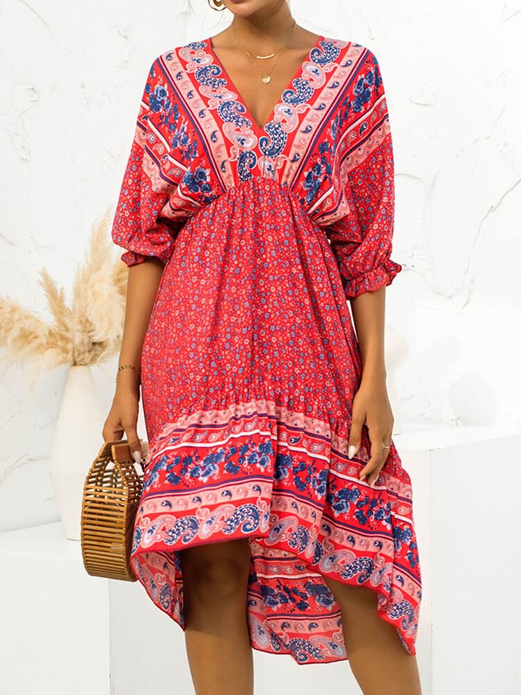 Bohemian Floral Print Tie Back V-neck Half Sleeve Dress - BlackFridayBuys