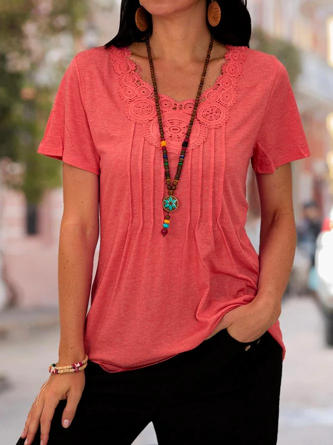 Short Sleeve Solid V Neck Lace Shirts T-shirts Zaesvini