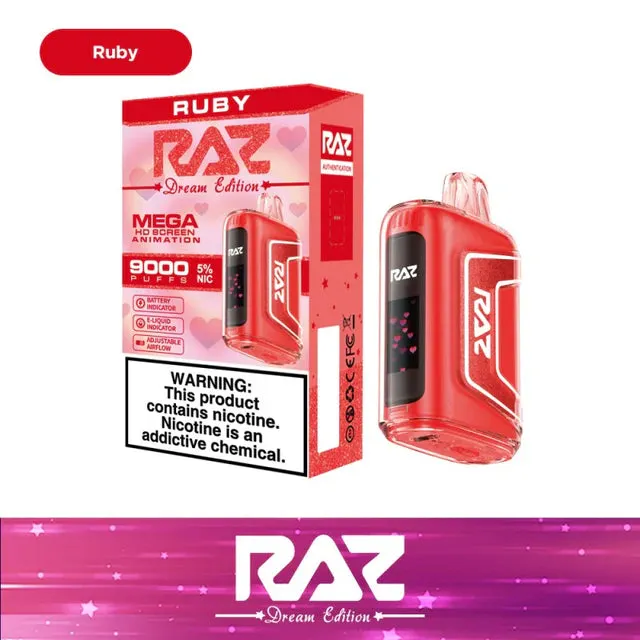 RAZ TN9000 Disposable Device "Ruby Dream Edition" 9000 Puffs with HD screen, 5% nicotine, and adjustable airflow.