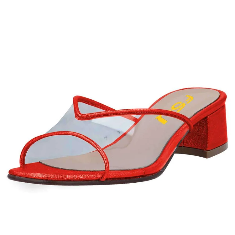 Red Open Toe Transparent PVC Mules Shoes Block Heel Sandals |FSJ Shoes