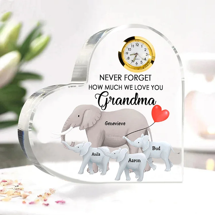 Personalized Heart-Shaped Acrylic Clock Keepsake Heart Sign Engraved 4 Names Elephant Ornament Unique Gift for Mom Grandma