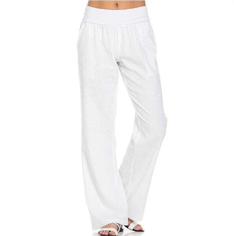 Women's solid color cotton and linen loose casual wide-leg trousers