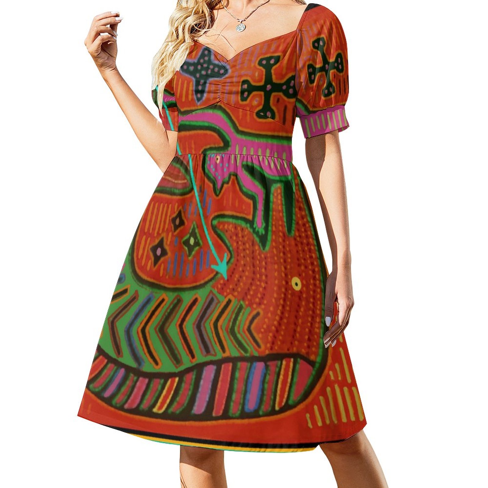 Kuna Indian Mola Dress Women Boho High Waist Flared Puff Sleeve Cute Sweetheart Midi Dress Red-6XL