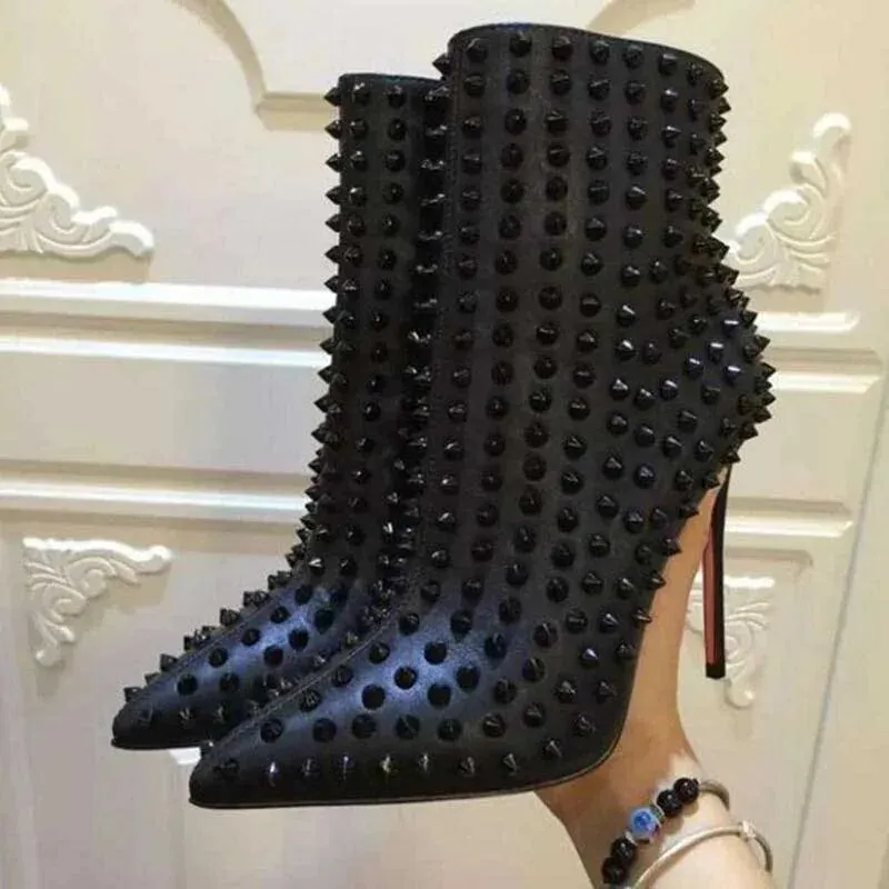 VCSHOES Pink Full Metallic Rivets Studs Ankle Boots Celebrity Zapatos Stiletto High Heels Pointed Toe Woman Spikes Boots Banquet Booties