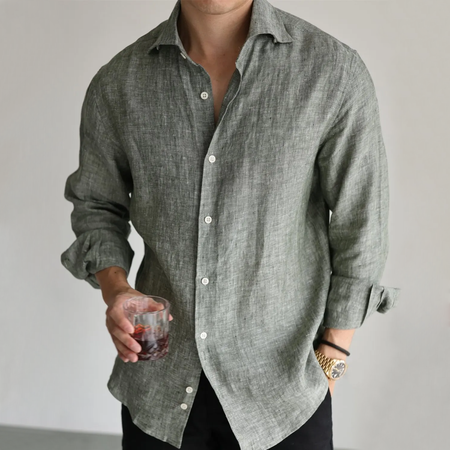 100% European Linen Shirt Yarn-Dyed Long Sleeve for Men REAL SILK LIFE