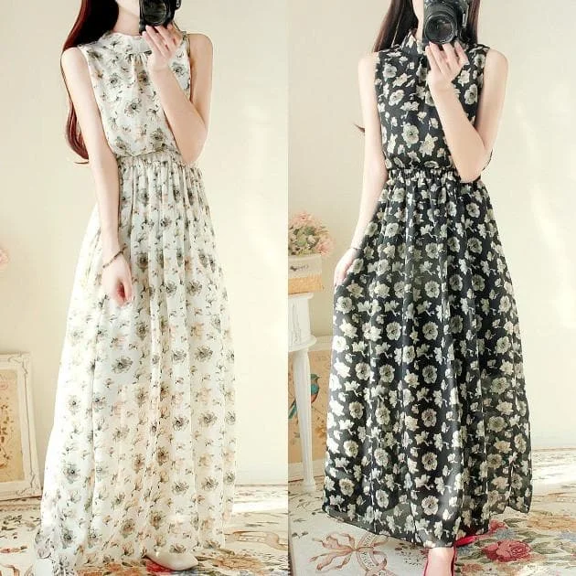 S-2XL White/Black Floral Sleeveless Maxi Dress SP166111