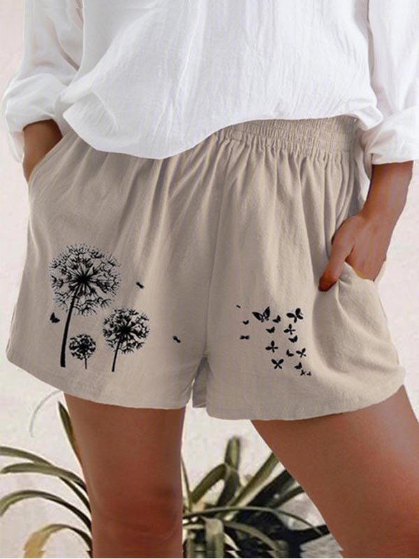 Ladies high waist dandelion print cotton and linen pocket shorts