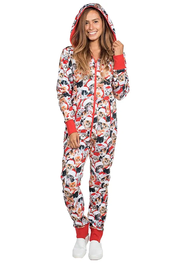 Long Sleeve Cat Print Pocket Zip Up Hooded Christmas Pajama White-elleschic