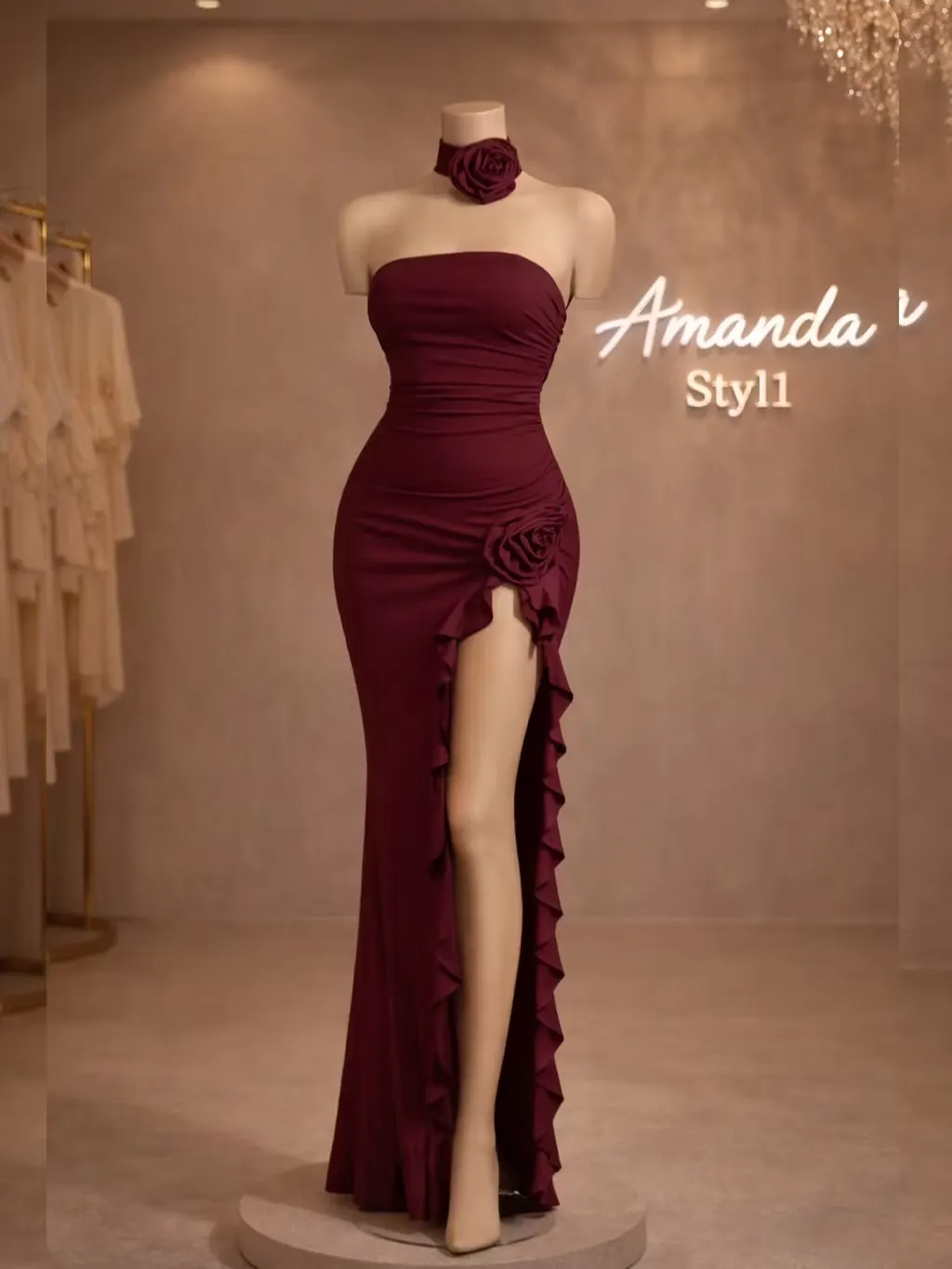 Glamorous Strapless Sleeveless Long Pleated Mermaid Prom Dress With Flower And High Slit Wellcucu JZ0182