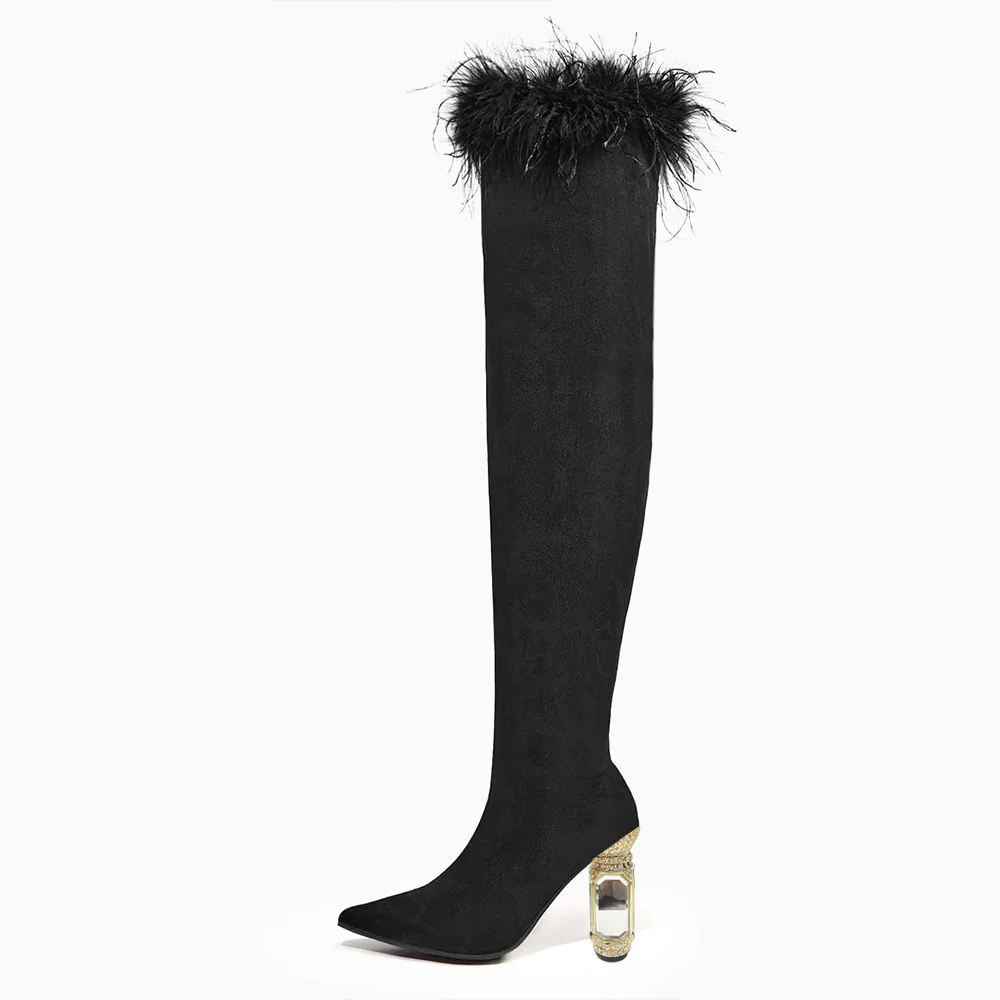 Black Suede  Feather Decor Over The Knee Boots Decorative Heel Nicepairs