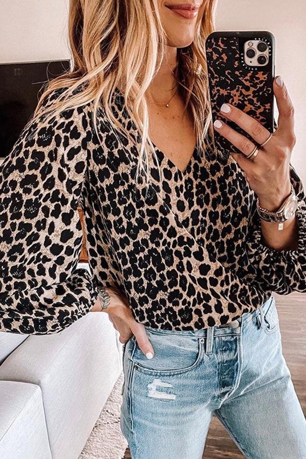 Lantern Sleeve Leopard Print Shirt P13056
