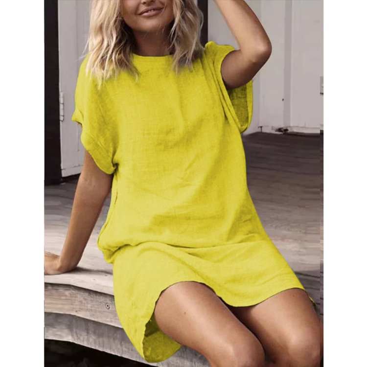 Women's Loose Cotton Linen Round Neck Dress
