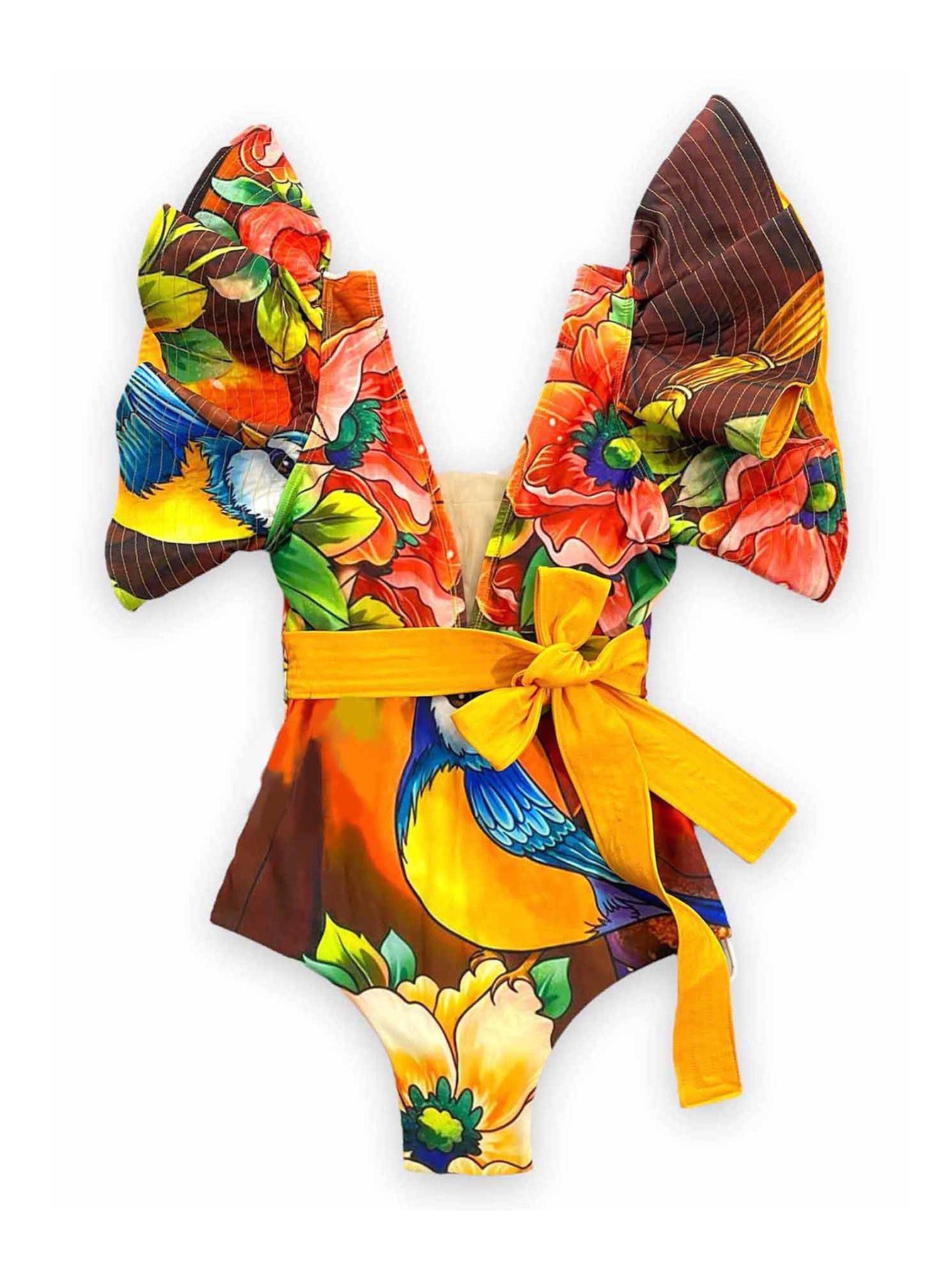 Encantadore Women’s Green Floral Print One-Shoulder Ruffle Abigail Swimsuit | Size Small