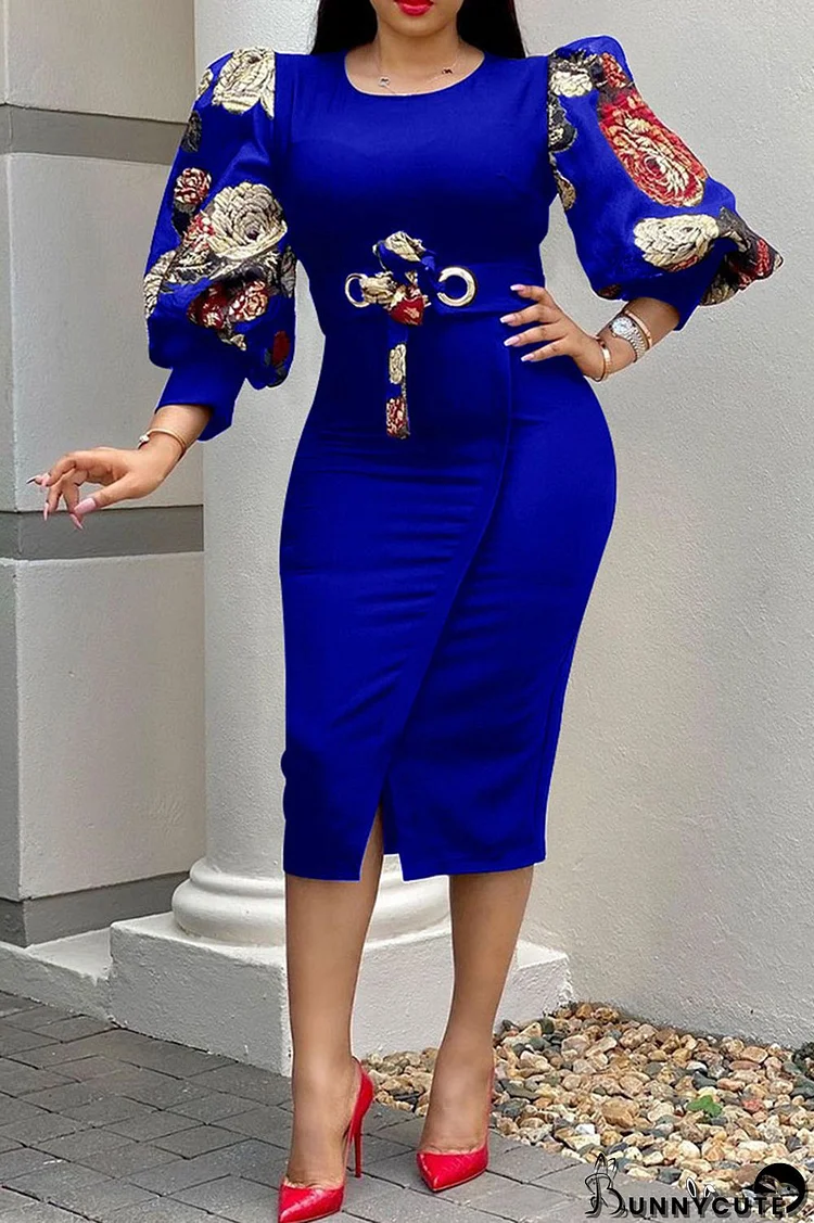Royal Blue Casual Print Split Joint O Neck One Step Skirt Dresses