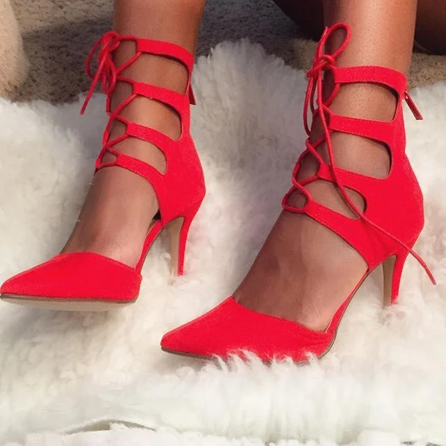 Red Suede Lace-up Pointy Toe Stiletto Pumps Vdcoo
