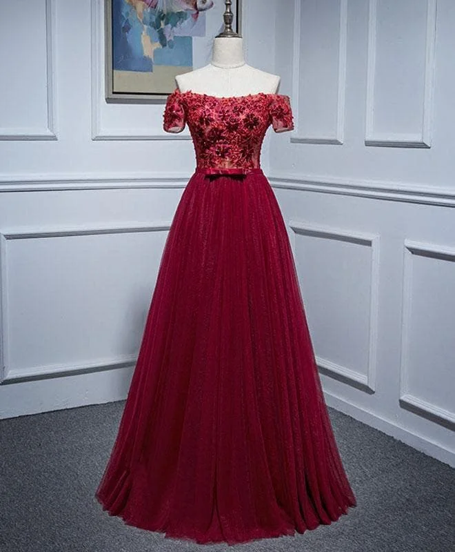 Burgundy Lace Off Shoulder Long Prom Dress, Burgundy Evening Dress