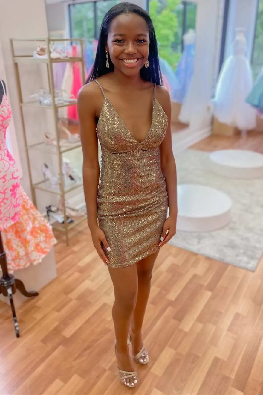 gold hoco dress Primavera Couture 4482 Size 12 Nude Homecoming Short Sequin – Glass Slipper Formals Short Rose Gold Sparkly V-neck