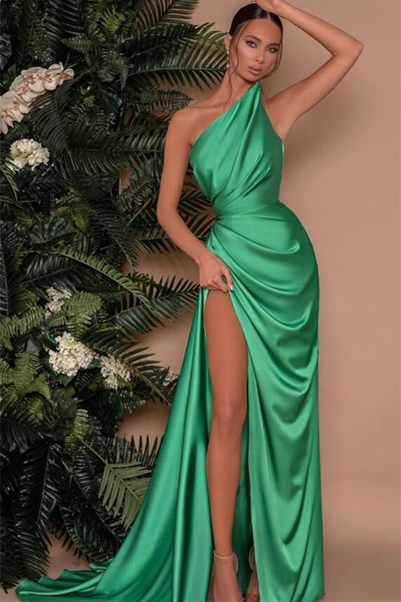 Green Elegant One Shoulder Sleeveless Mermaid Front Split Evening Dress  Online