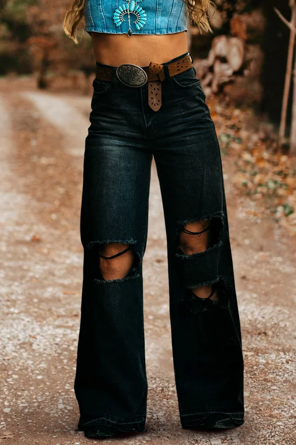 Vintage Washed Ripped Wide Leg Jeans