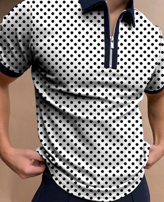 Casual Polka Dot Print Spliced Half Zip Short Sleeve Polo Tee