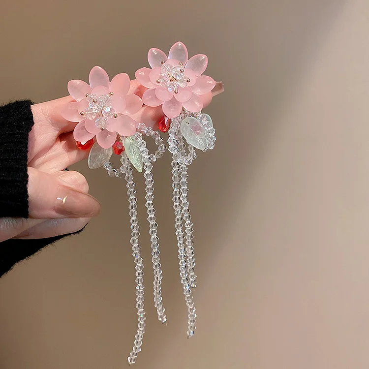Crystal Flower Bow Tassel Earrings