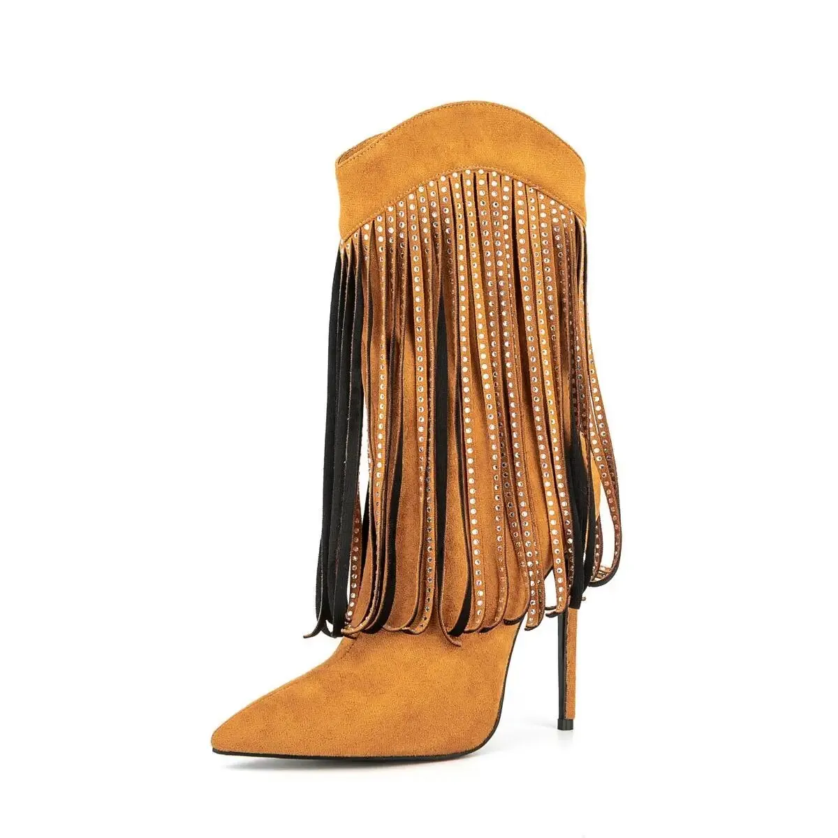 VCSHOES Big Size 44 Woman Boots Tassel Mid Calf Boots Boots For Women Thin High Heels Pointed Toe Crystal Long Boots